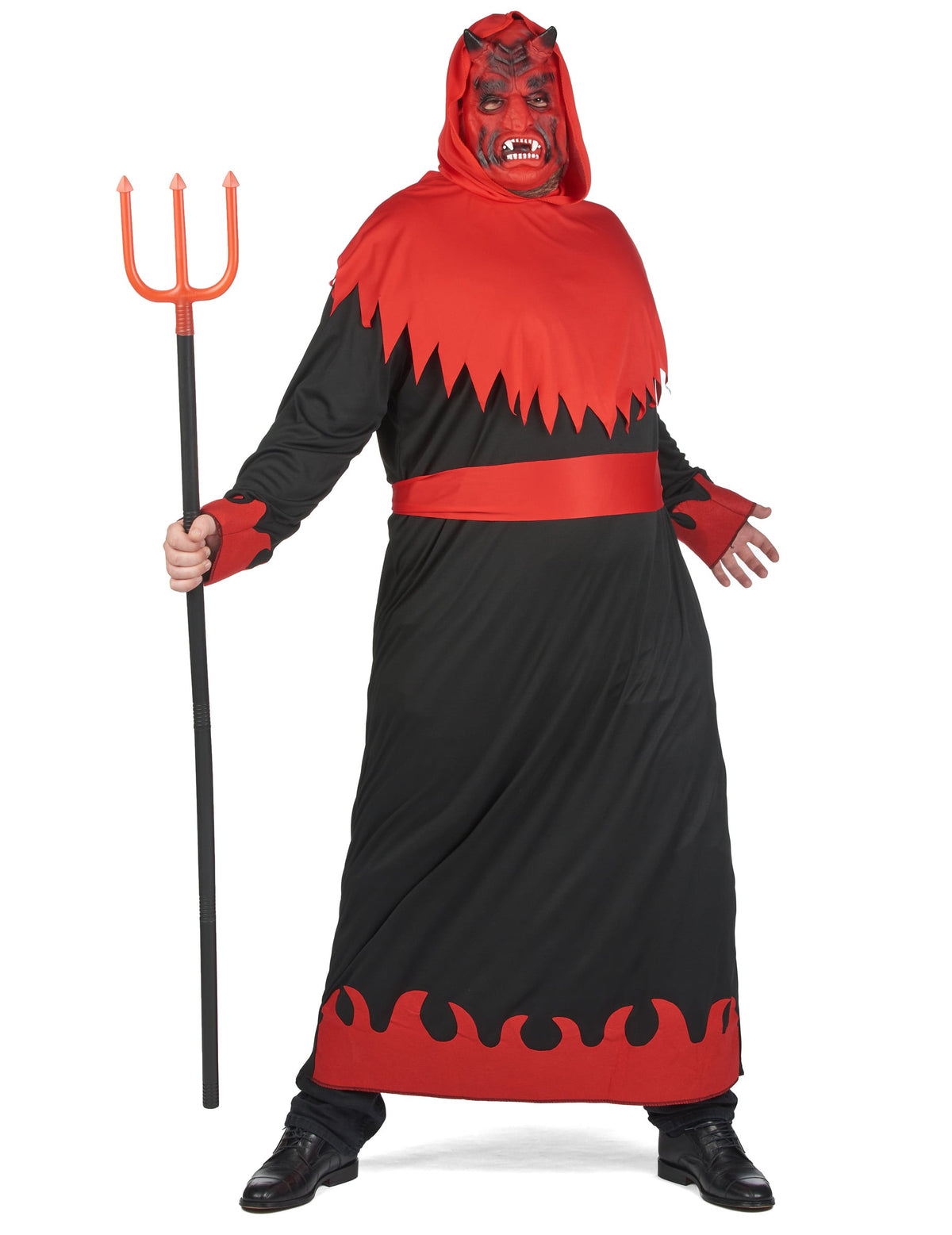 Vue de face avec trident du déguisement de diable des enfers
