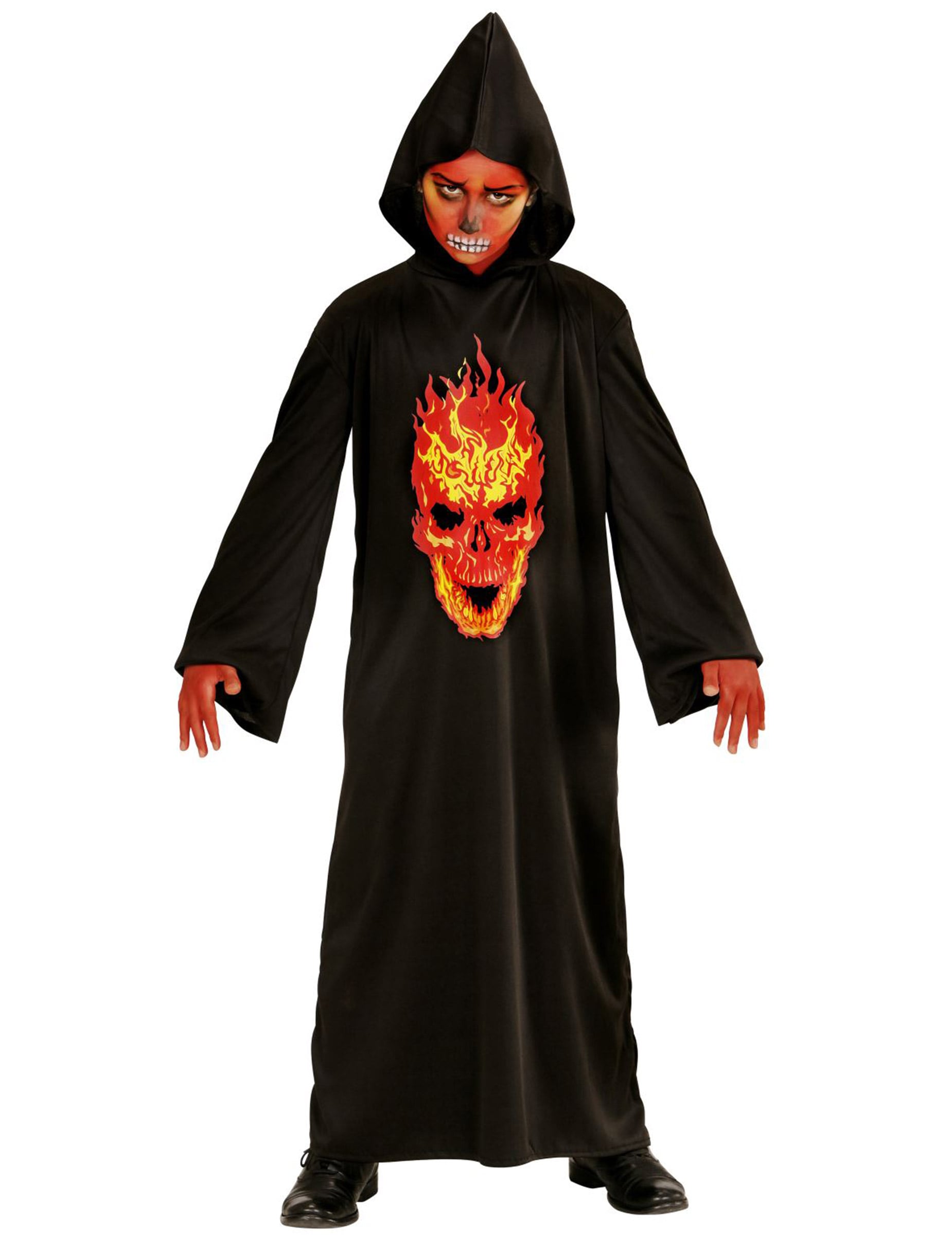 Déguisement diable faucheuse de l'enfer pour enfant noir avec crâne enflammé