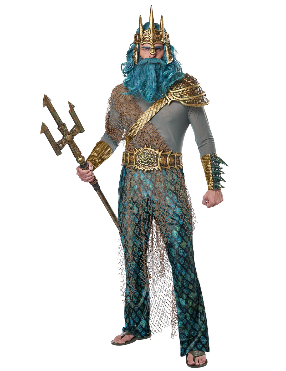 Déguisement dieu de la mer luxe pour homme bleu turquoise et doré avec trident