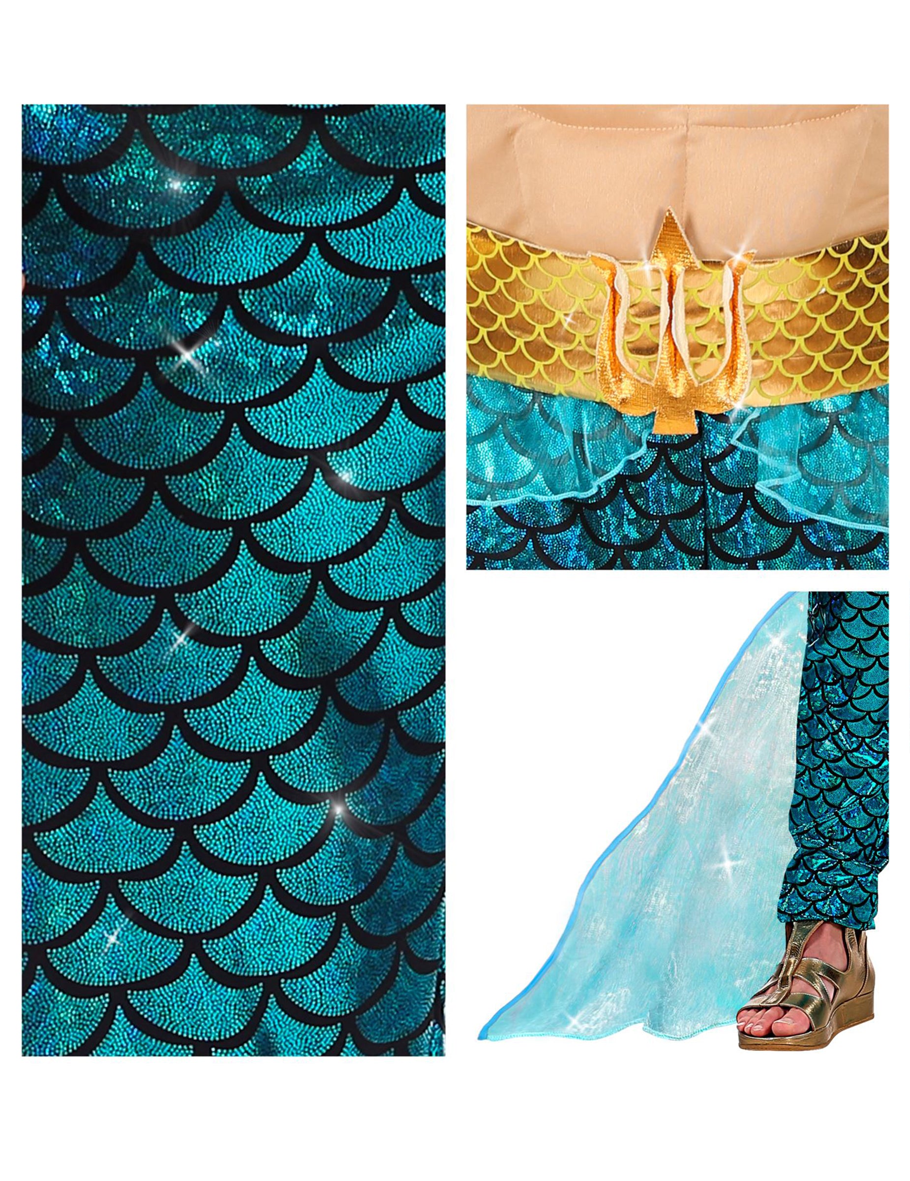 Détails du tissu à écailles et de la ceinture du déguisement dieu des mers pour adulte