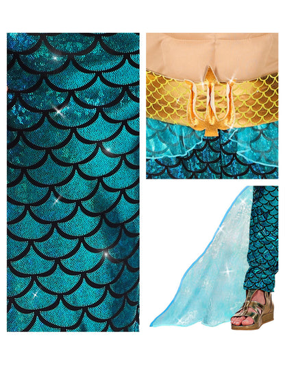 Détails du tissu à écailles et de la ceinture du déguisement dieu des mers pour adulte