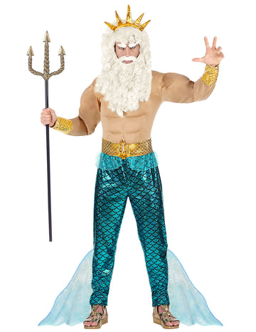 Déguisement dieu des mers pour adulte doré et bleu turquoise avec trident