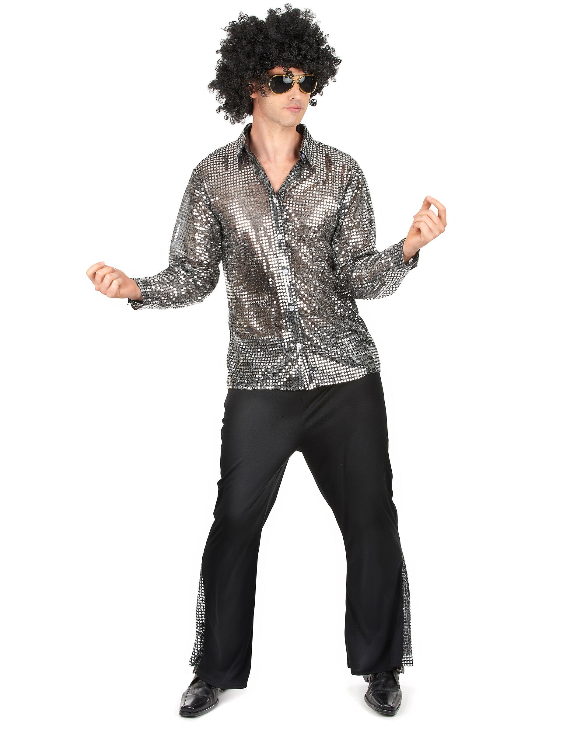 Déguisement disco pour homme argenté avec chemise à paillettes