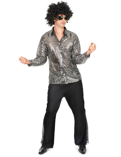 Déguisement disco pour homme argenté avec chemise à paillettes
