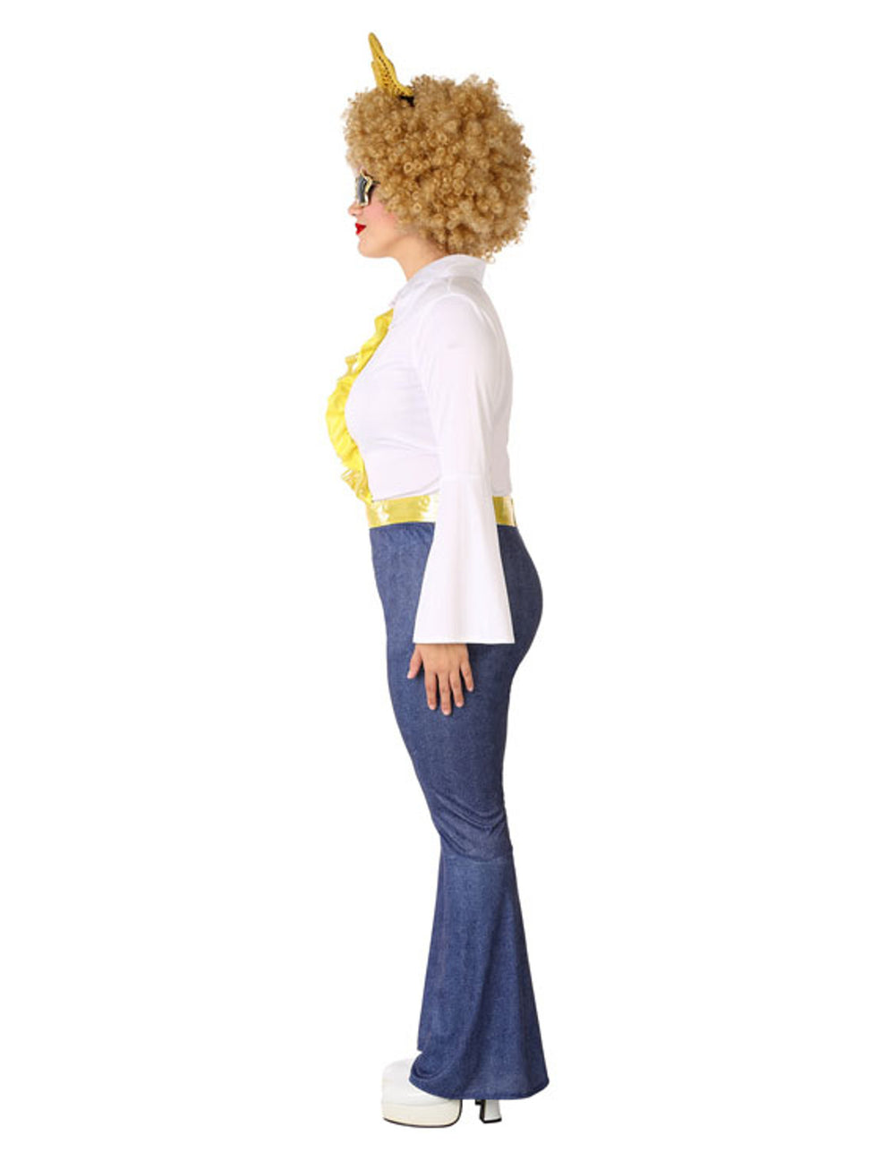 Vue de profil du déguisement disco effet jean et doré pour femme grande taille