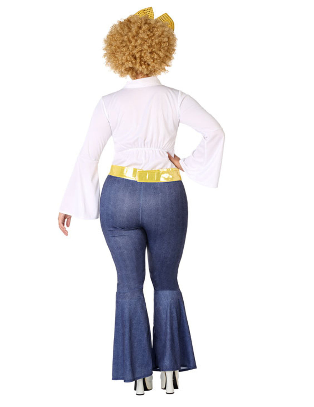 Vue de dos du déguisement disco effet jean et doré pour femme grande taille