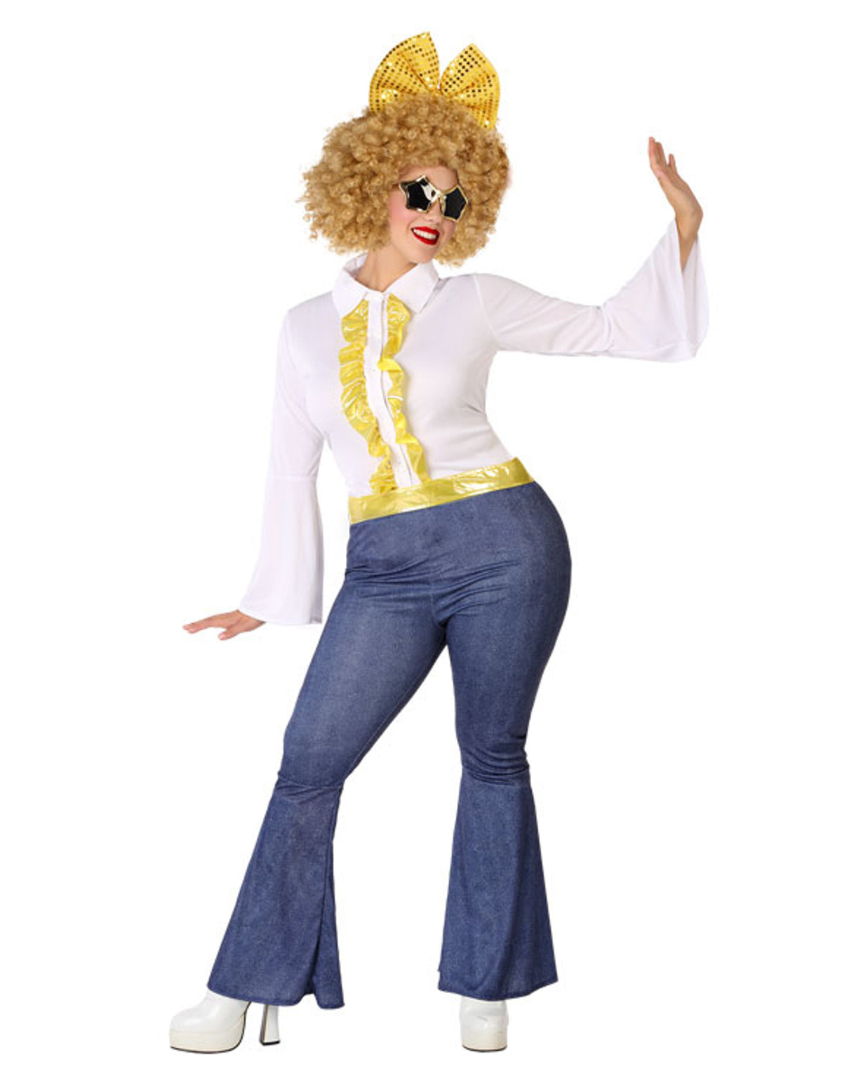 Déguisement disco effet jean et doré pour femme grande taille bleu et blanc