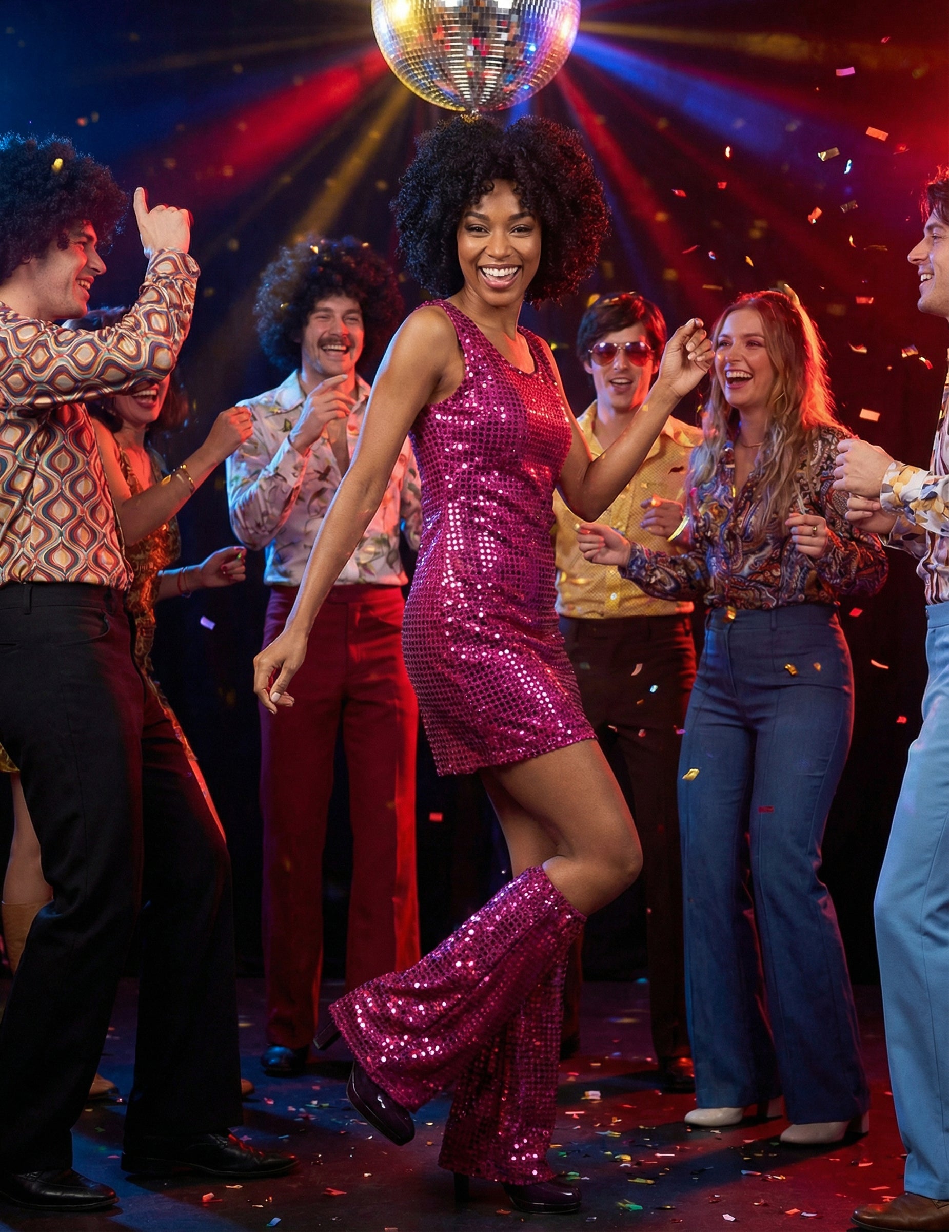 Mise en situation du déguisement disco pour femme fuchsia à sequins