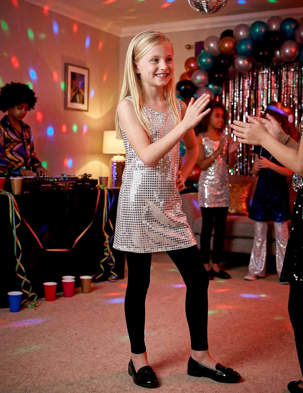 Mise en situation du déguisement disco pour fille à paillettes argentées