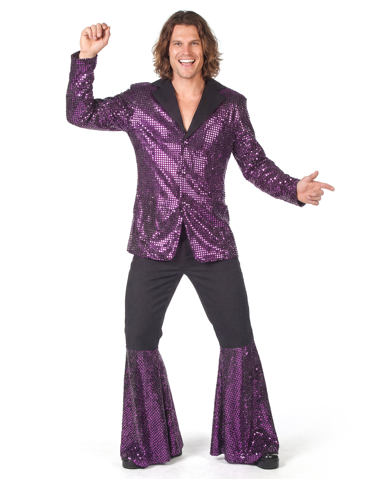 Déguisement disco pour homme violet à paillettes haut de gamme