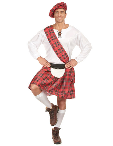 Déguisement écossais pour homme rouge et blanc avec kilt et béret