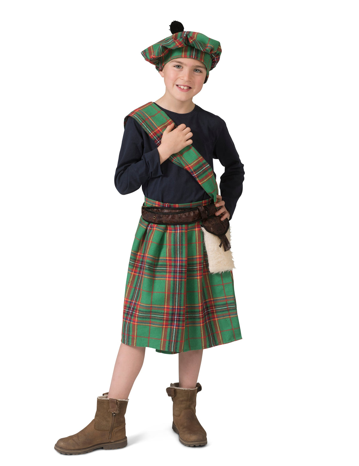 Déguisement écossais pour enfant vert à carreaux avec kilt et béret