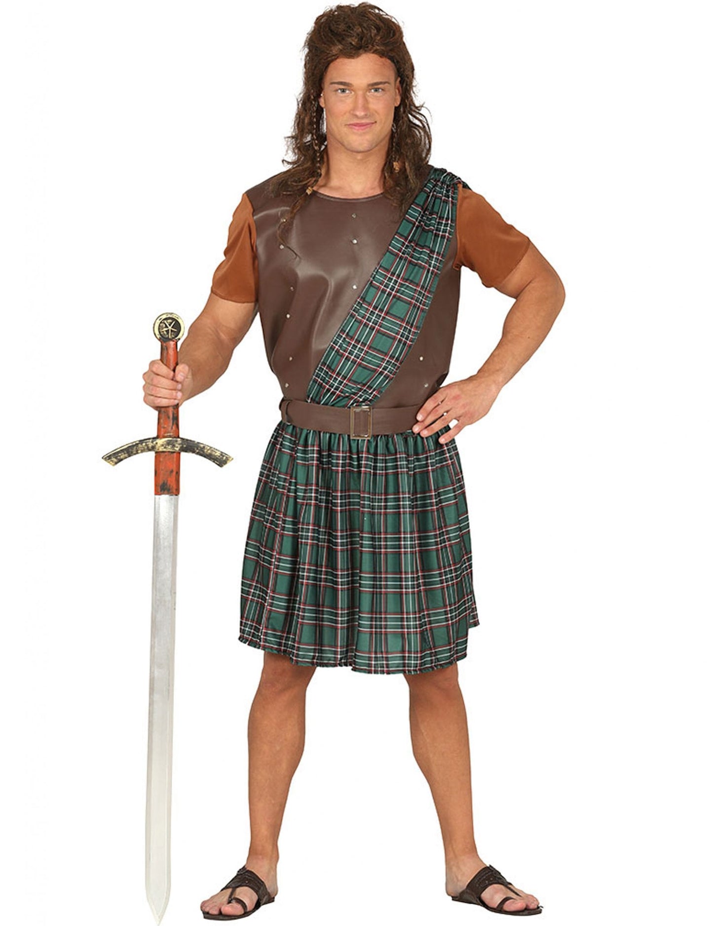 Déguisement écossais pour homme vert et marron avec kilt à carreaux