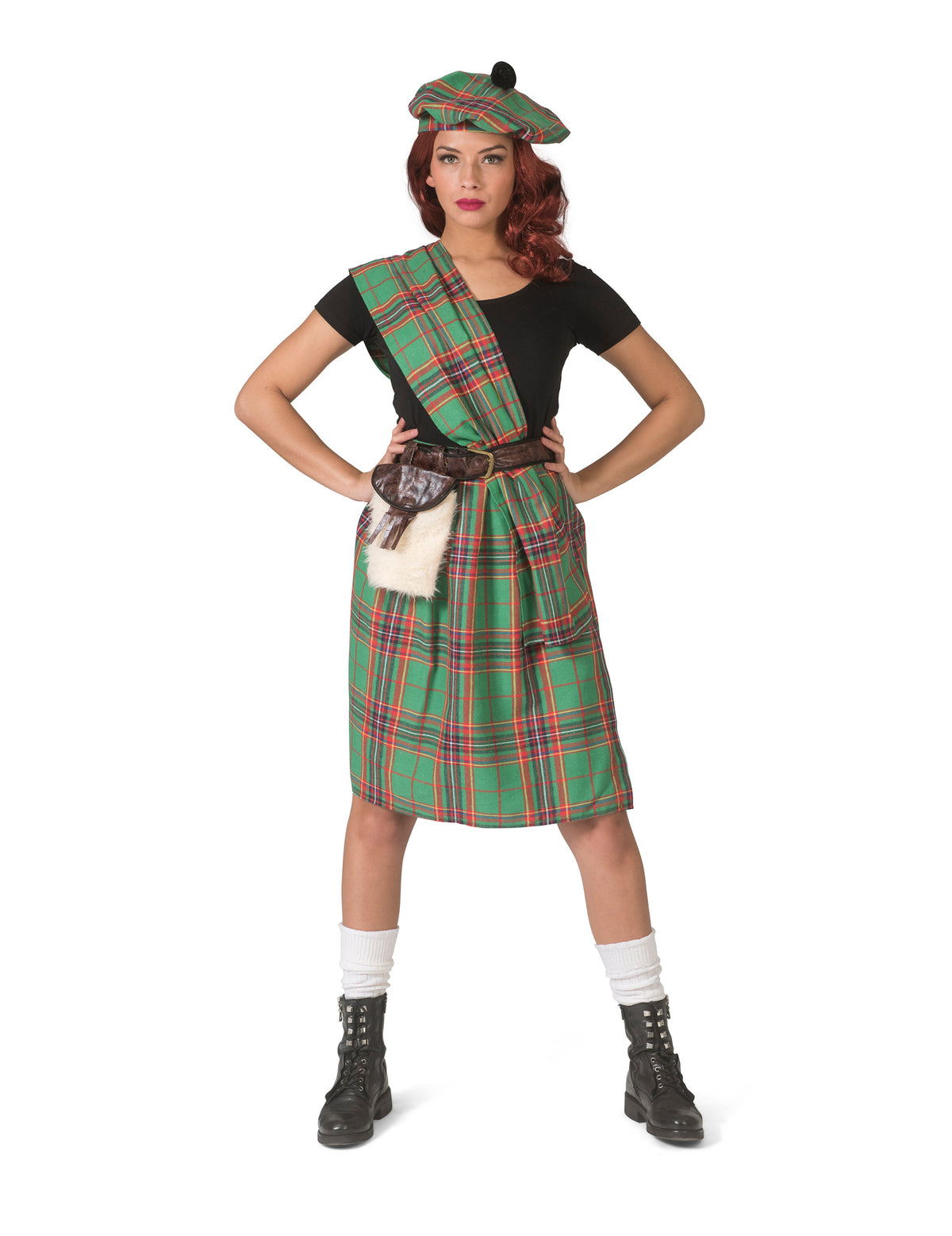 Déguisement d'écossaise pour femme verte avec kilt et béret à carreaux