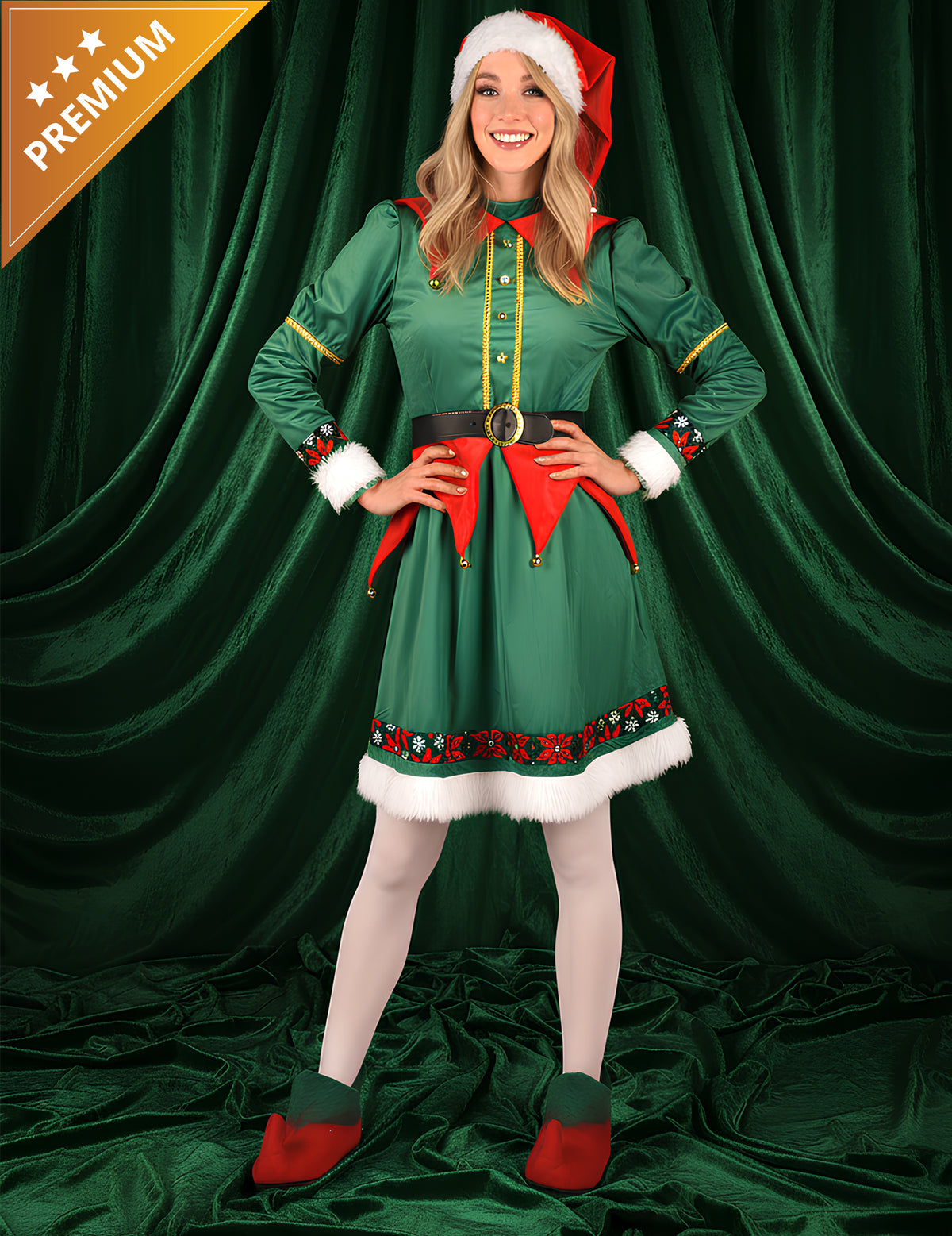 Déguisement Elfe de Noël luxe pour femme vert et rouge avec bonnet