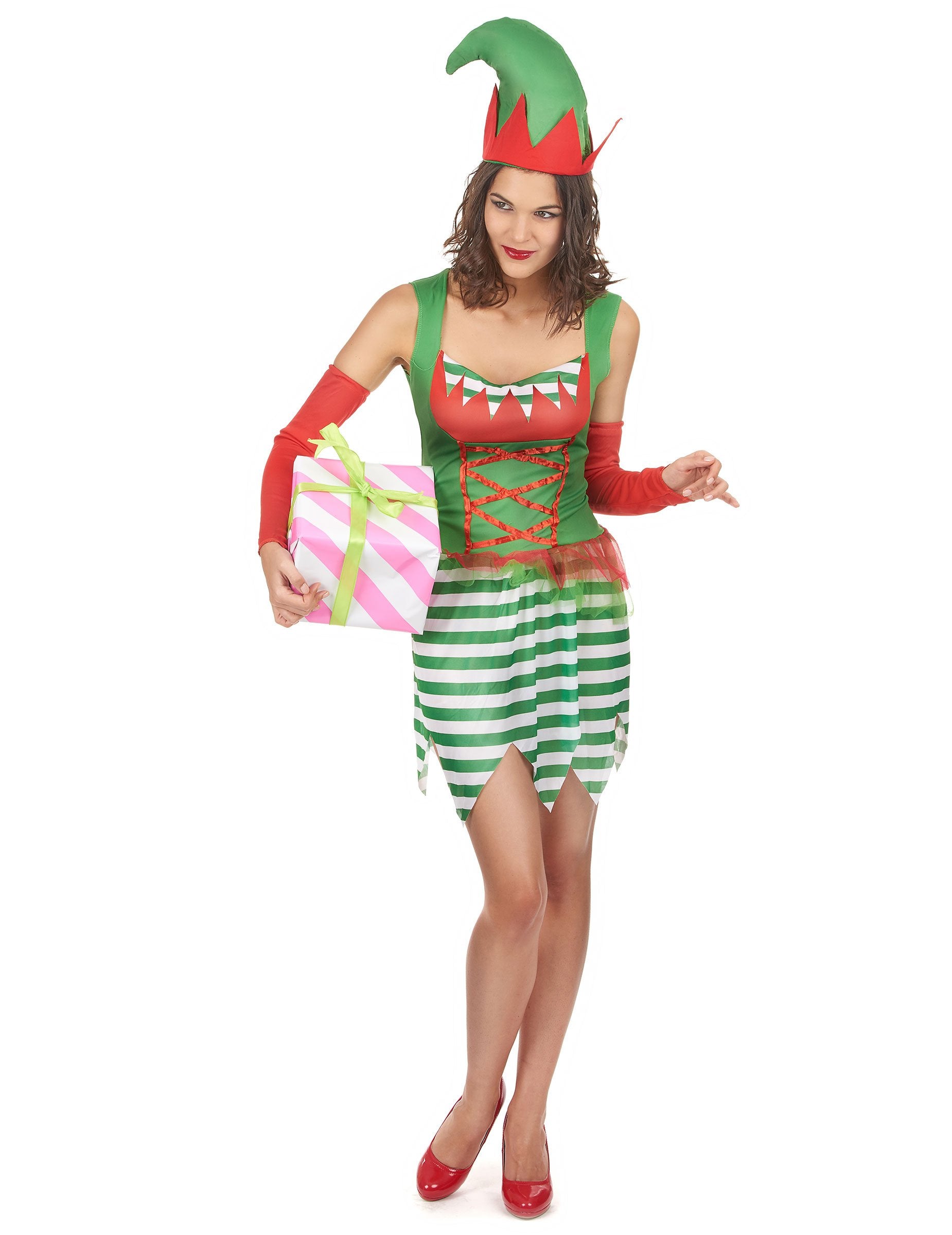 Zeleno-červený kostým elfky pro ženy se pruhovanou sukní a kloboukem