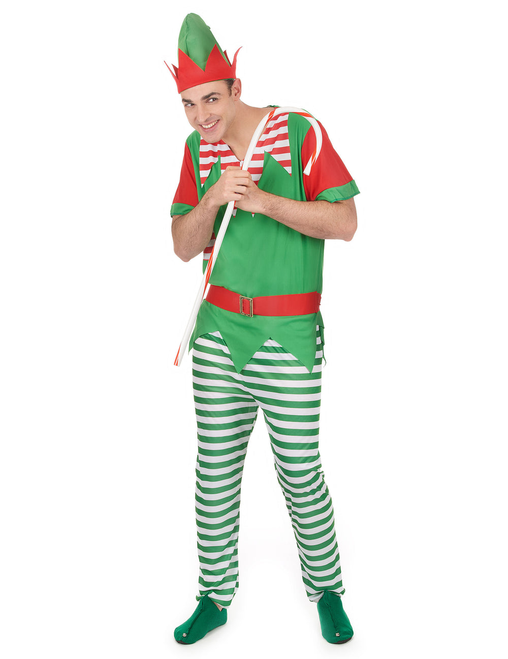 Déguisement d'elfe pour homme vert et rouge avec pantalon rayé et bonnet