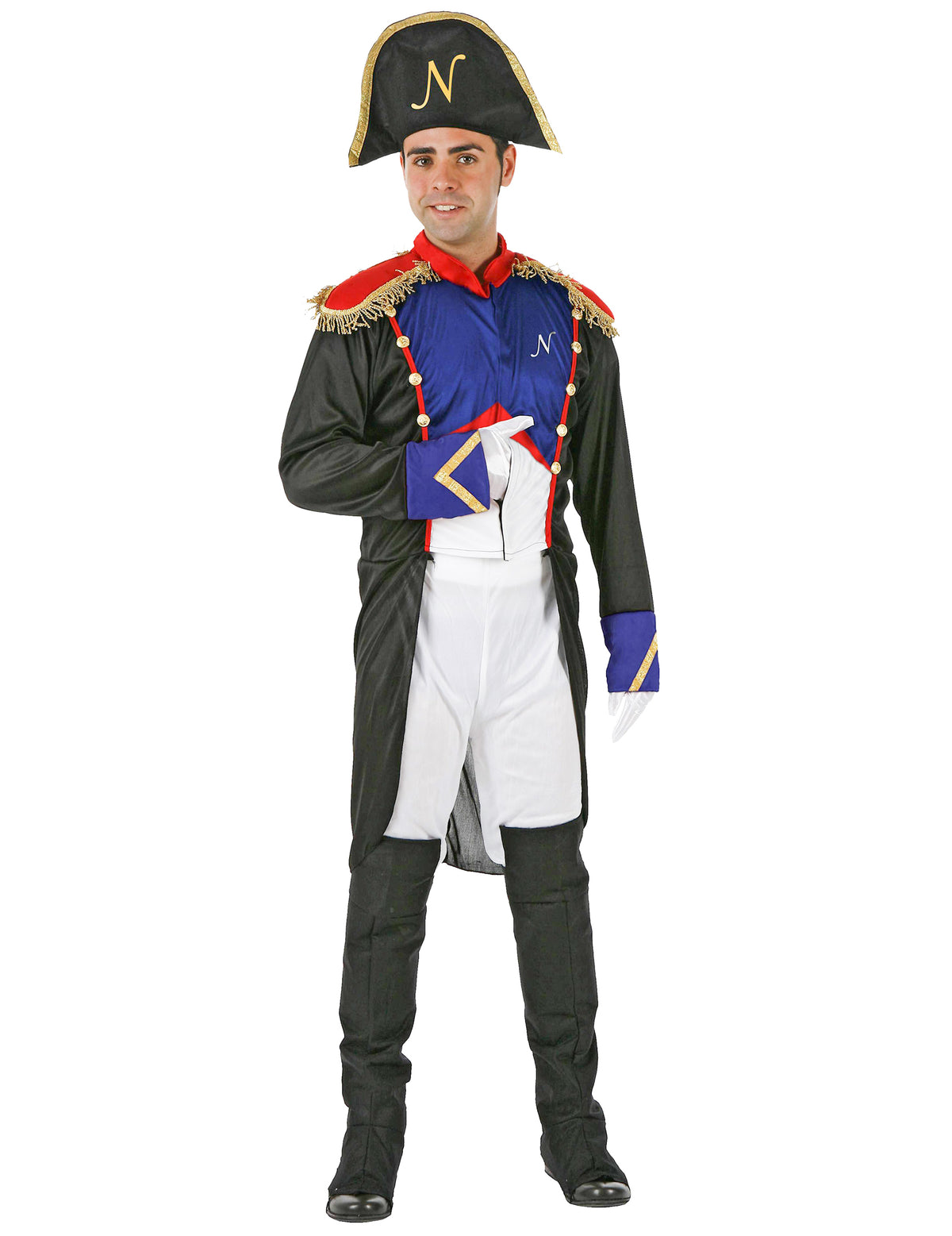 Déguisement d'empereur français pour homme noir bleu et rouge avec bicorne