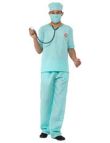 Dámský kostým a doplňky lékaře chirurga pro muže v tyrkysově modré s maskou a čepičkou