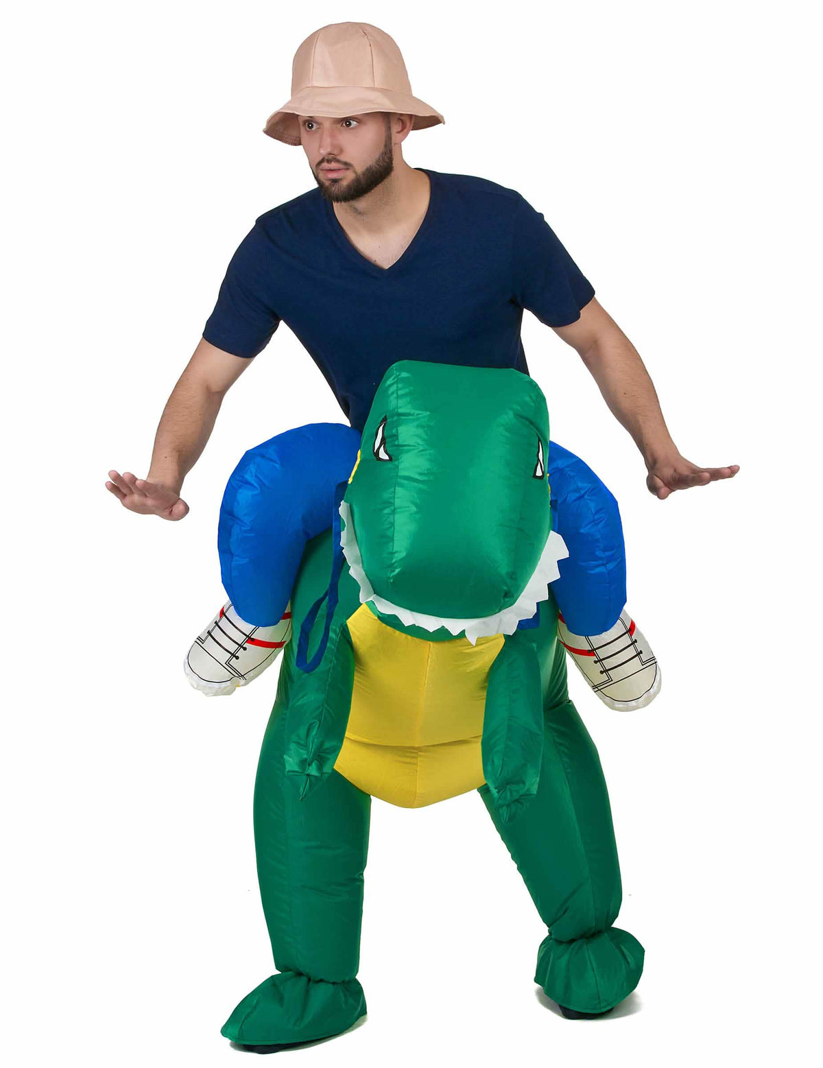 Čelní pohled na průzkumný kostým na hřbetě dinosaura