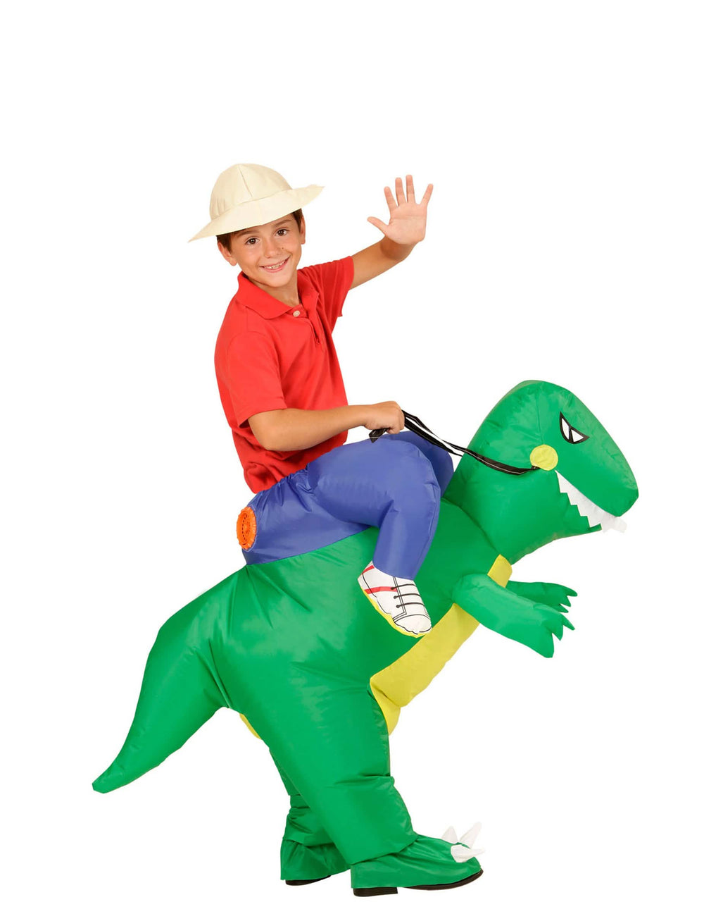 Boční pohled na dětský kostým průzkumníka na hřbetě dinosaura