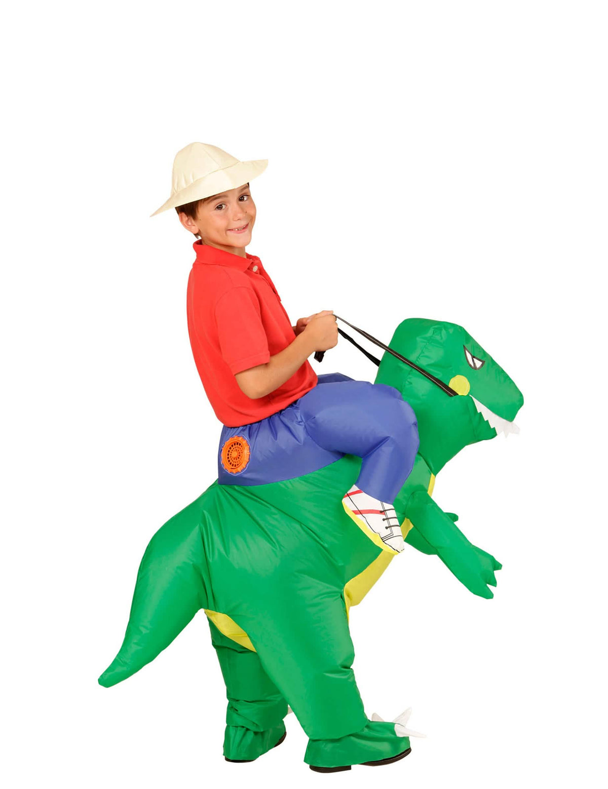 Pohled zezadu na dětský kostým průzkumníka na dinosaura na zádech