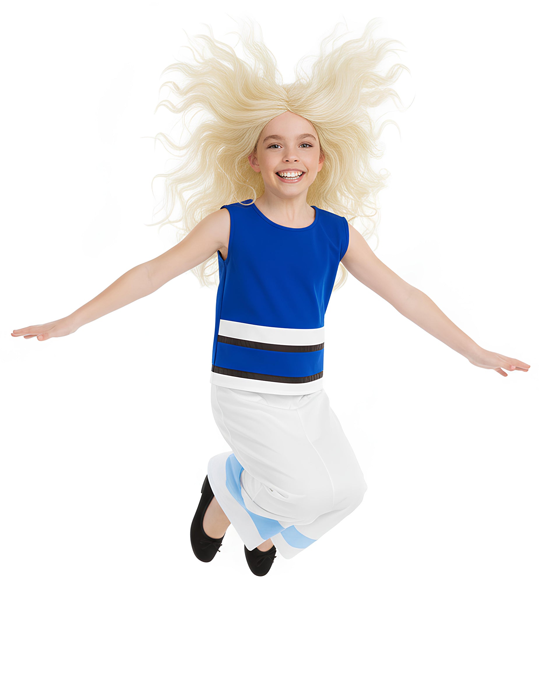 Vue en plein saut du déguisement Falbala pour fille