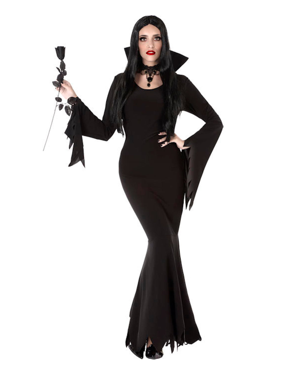 Déguisement famille morbide pour femme noir avec robe longue et manches évasées