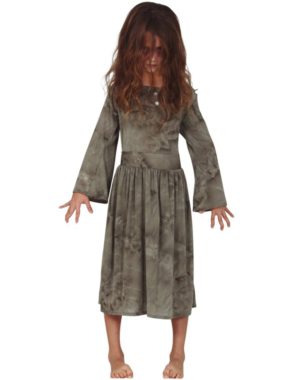 Déguisement fantôme pour fille gris avec robe longue à effet sale