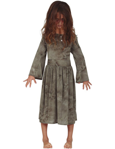 Déguisement fantôme pour fille gris avec robe longue à effet sale