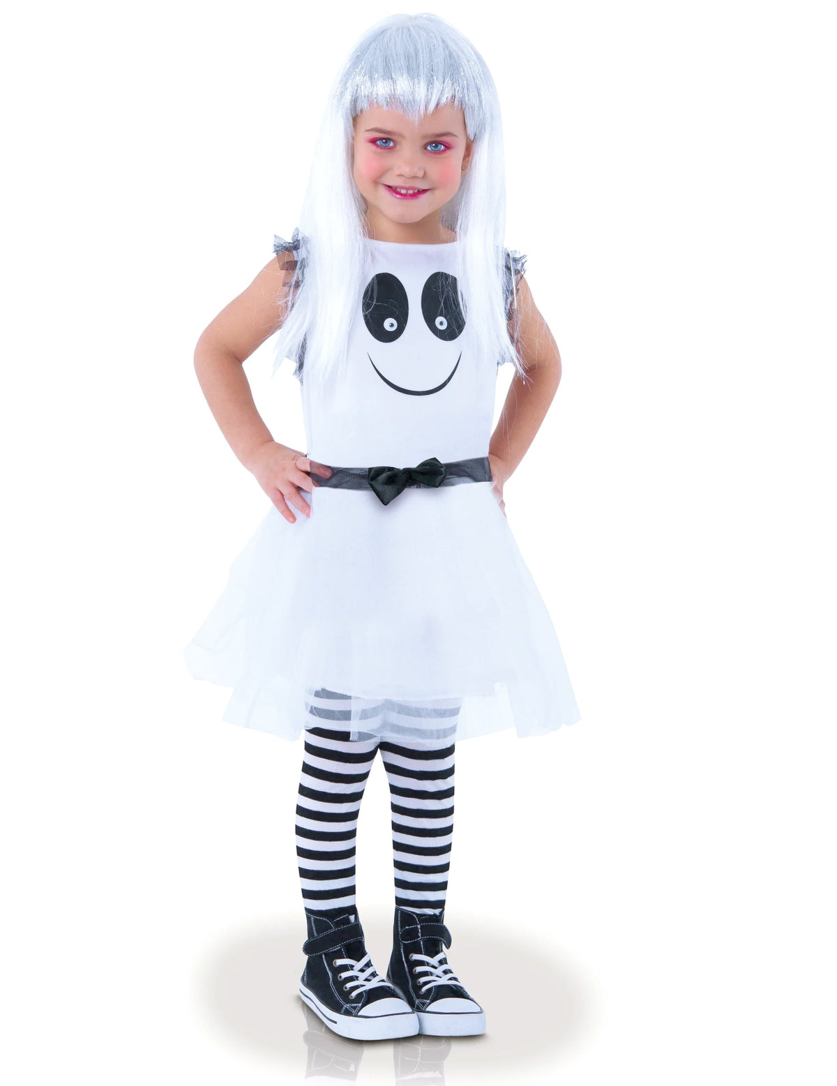 Déguisement fantômette avec yeux mobiles pour fille blanc et noir avec collants rayés