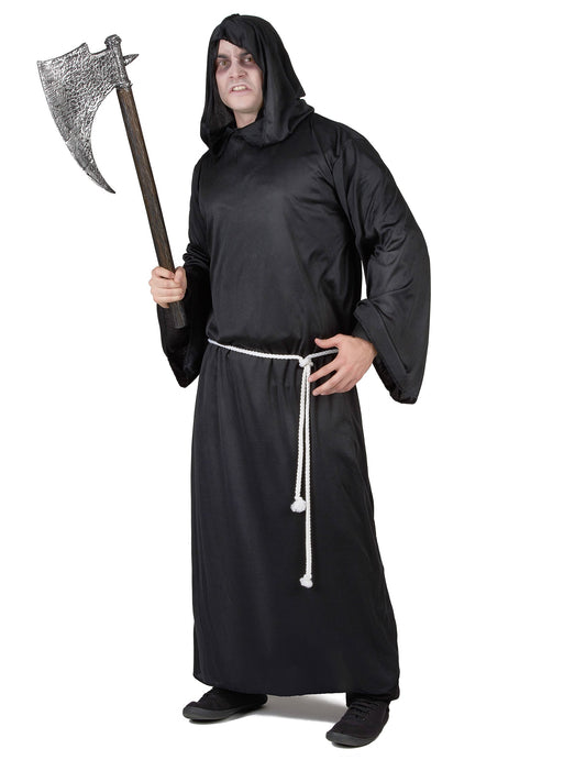 Déguisement de faucheur lugubre pour homme noir avec ceinture cordelette blanche