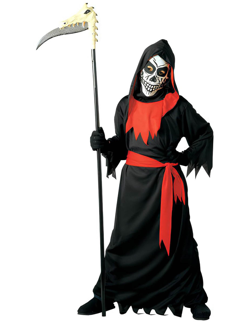 Děsivý kostým smrtky pro dítě černá a červená s maskou lebky