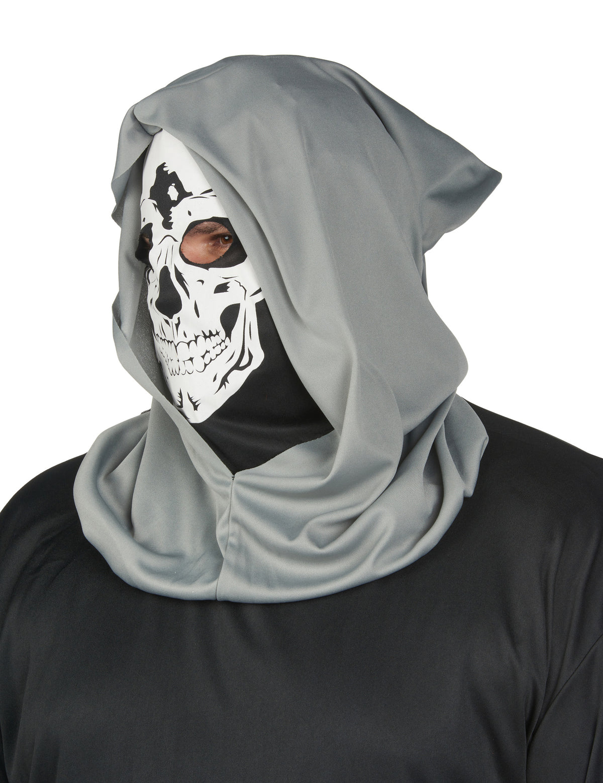 Vue de profil de la capuche et du masque du déguisement de faucheuse terrifiant