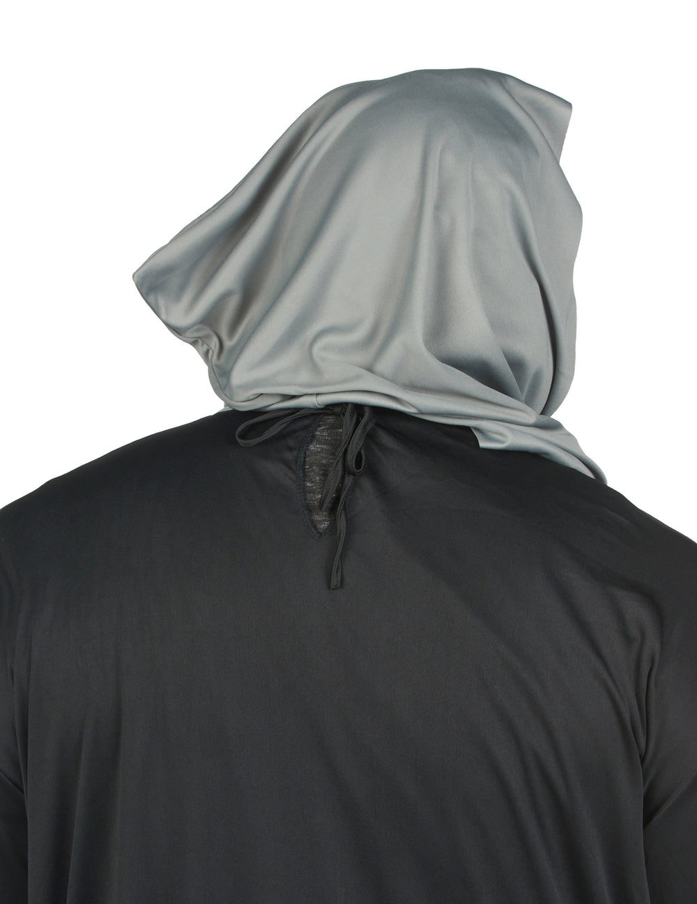 Vue de dos de la capuche et de l'attache du déguisement de faucheuse terrifiant