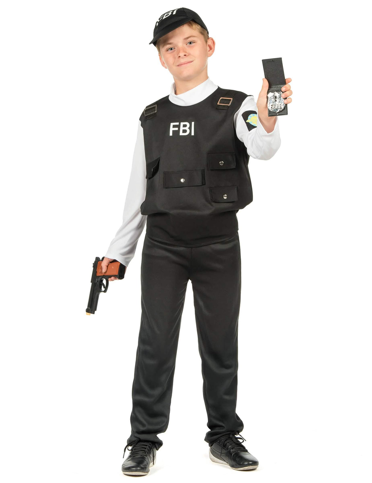 Čelní pohled s odznakem a pistolí k dětskému kostýmu FBI