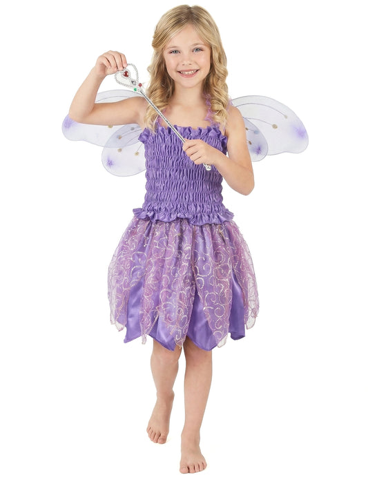 Vue de face du déguisement de fée violette pour fille