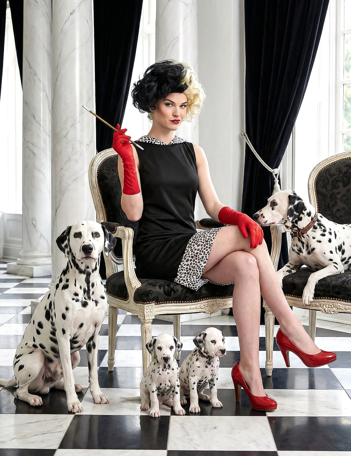 Böse Hundefängerin Damenkostüm Dalmatiner-Lady schwarz-weiss-rot