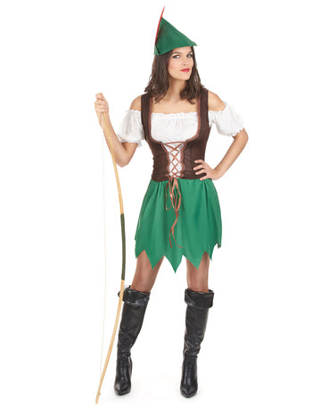Déguisement femme des bois pour femme vert avec chapeau à plume