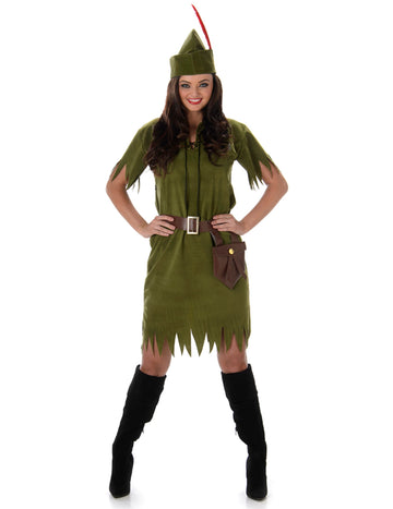 Déguisement femme des bois pour femme vert effet peau avec chapeau à plume