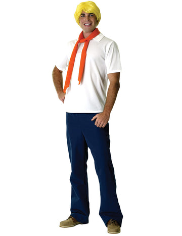 Déguisement Fred Scooby doo pour homme blanc et bleu avec foulard orange