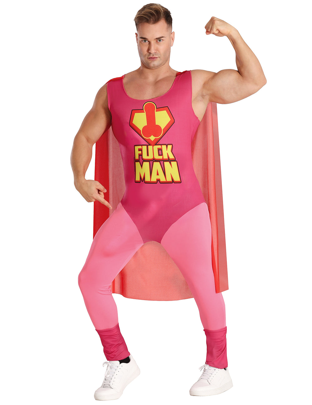 Déguisement Fuckman pour adulte rose et rouge avec cape