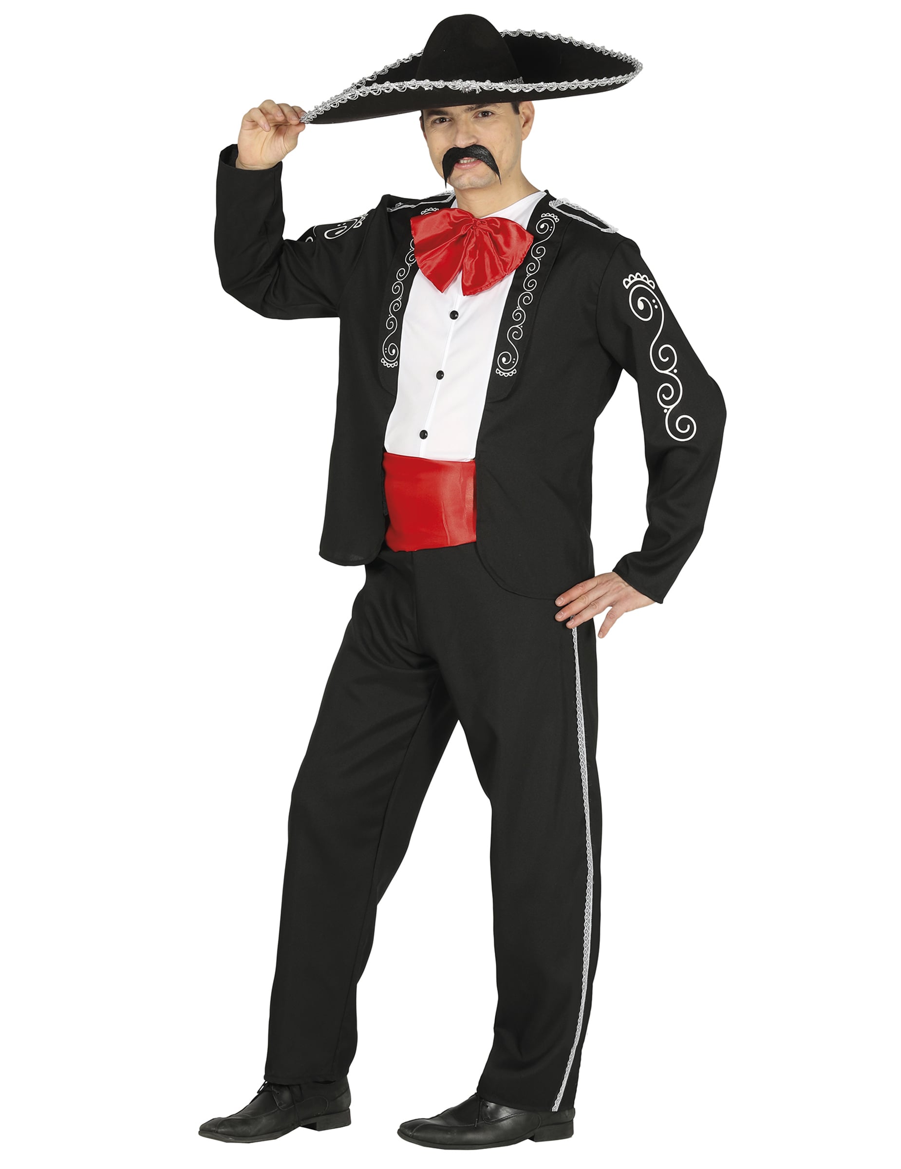 Déguisement de gentleman mexicain pour homme noir et blanc avec détails rouges et sombrero
