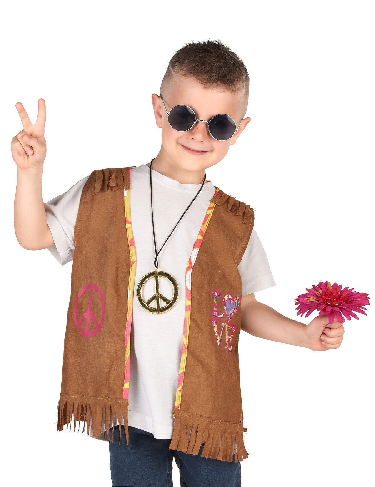 Détails des accessoires du déguisement gilet hippie pour enfant