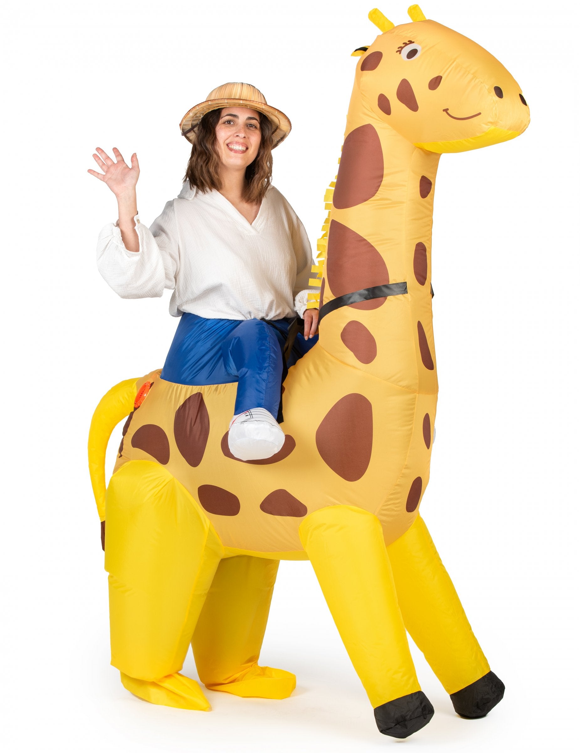 Vue de profil du déguisement gonflable de girafe