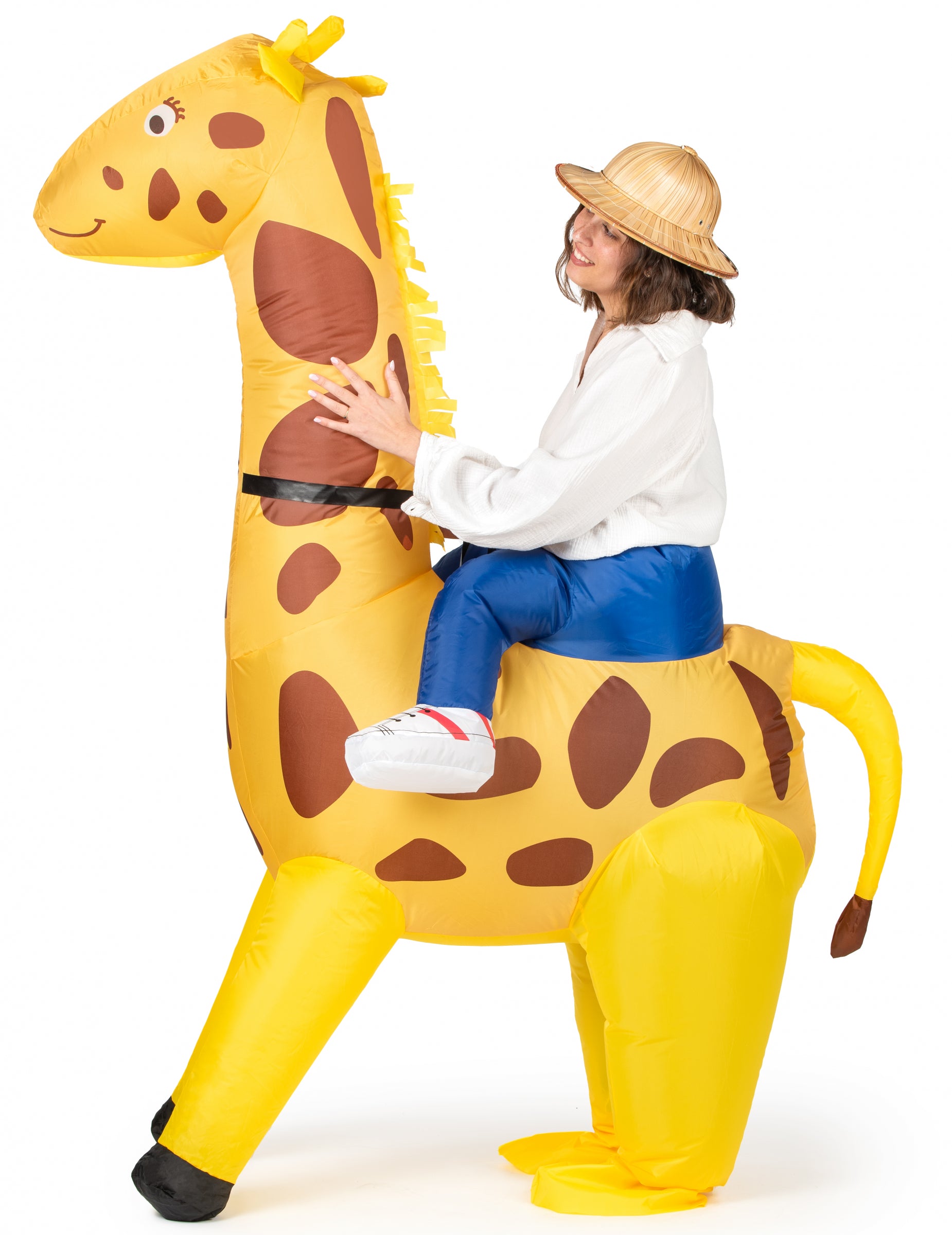 Vue de profil avec chapeau de safari du déguisement gonflable de girafe