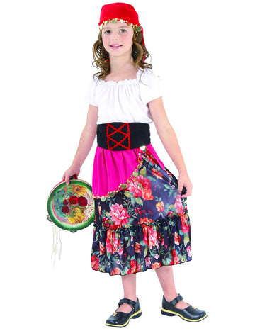 Déguisement gitane pour enfant multicolore avec jupe à fleurs et bandana rouge