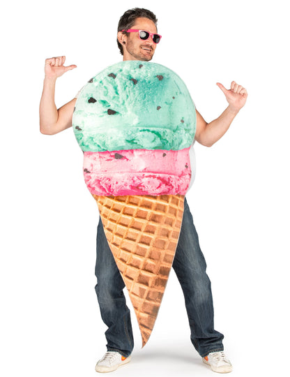 Vue de face du déguisement glace en cornet pour adulte