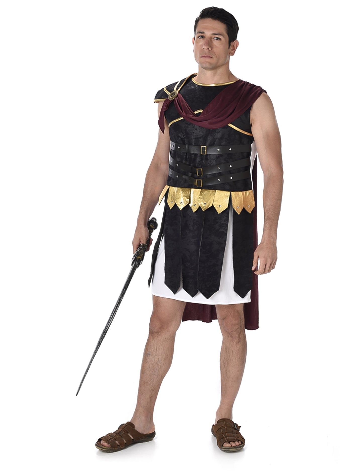 Déguisement de gladiateur romain pour homme noir et doré avec cape
