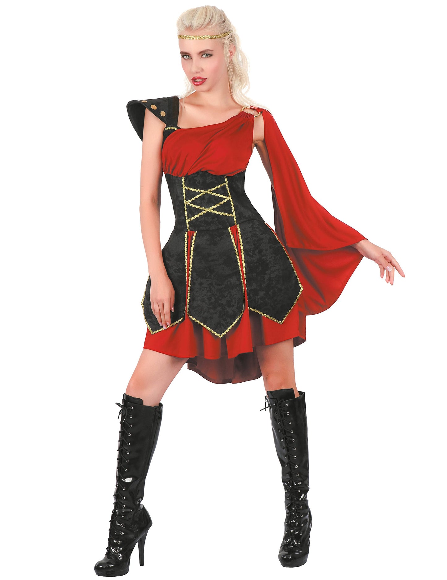 Déguisement gladiatrice pour femme rouge et noir avec détails dorés